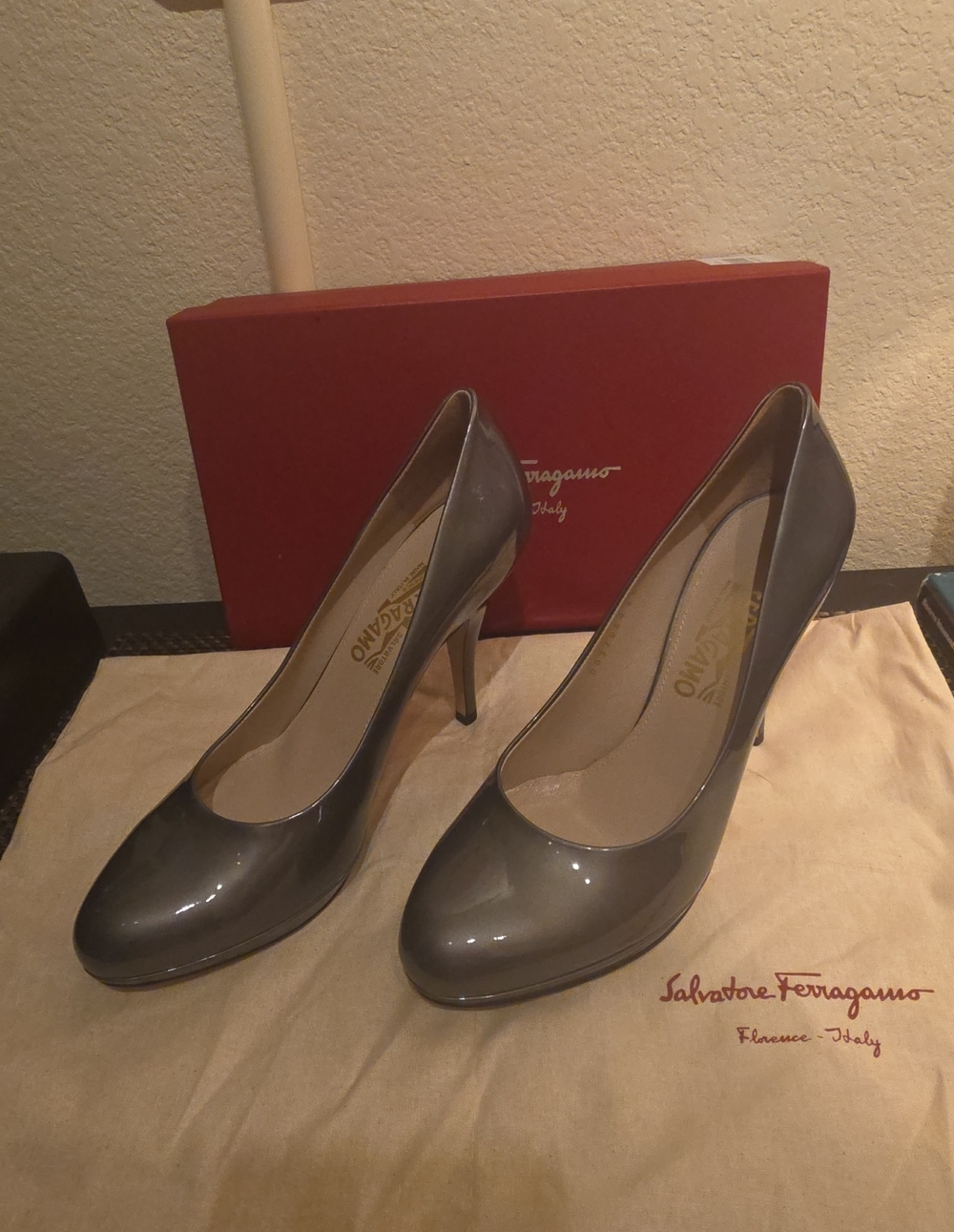 Salvatore Ferragamo Gray Patent Leather Pumps